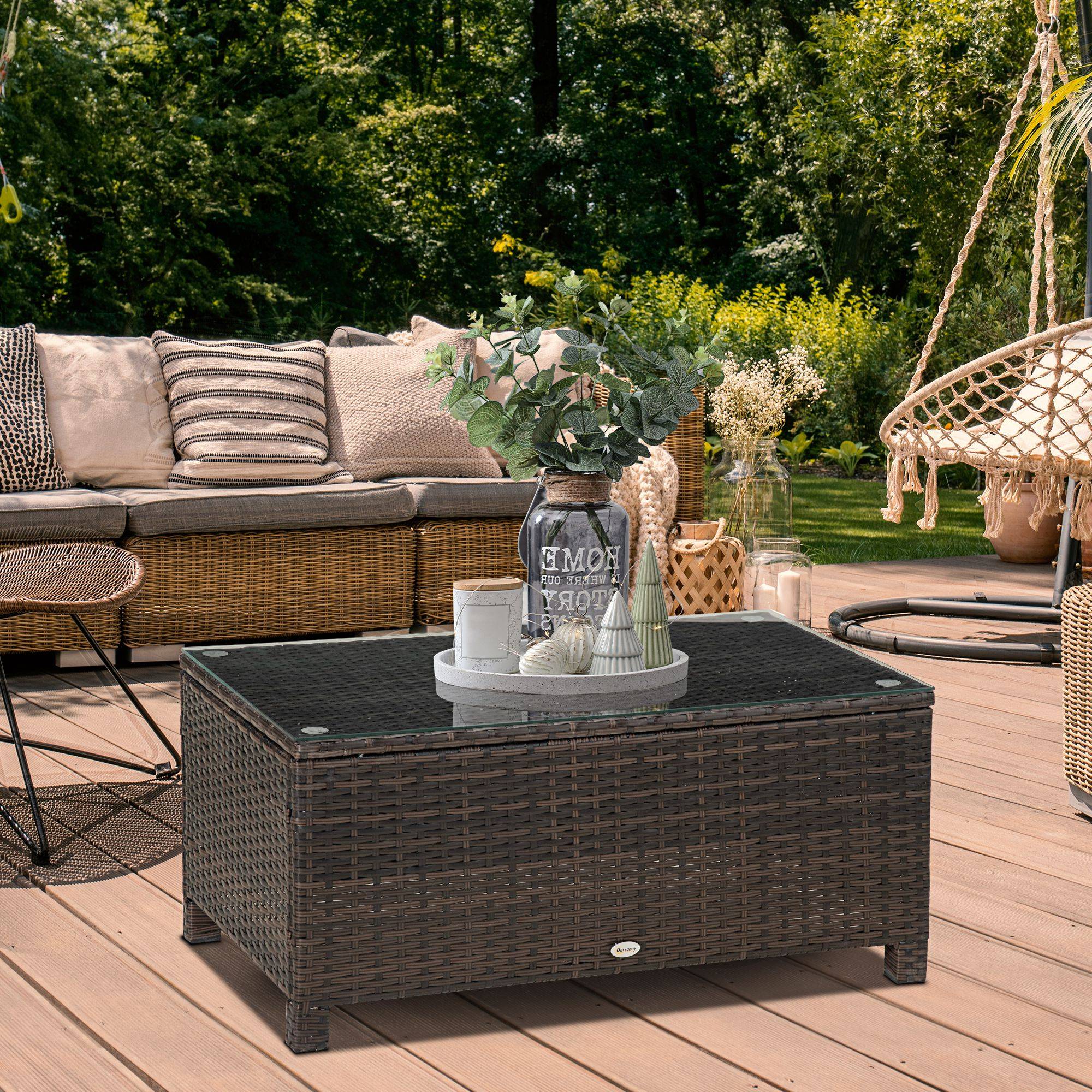Table Basse de Jardin Résine Tressée Métal Balcon Terrasse Support Verre 85x50x39cm Brun - ComfortXL Outdoor Living - Image 4