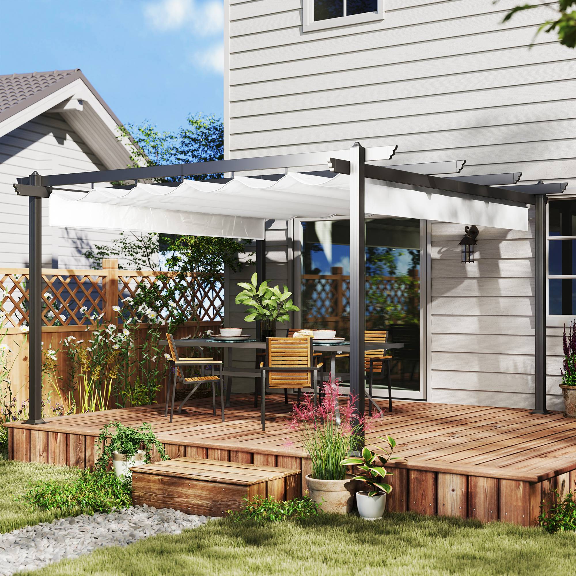Tonnelle Pergola Aluminium Jardin Toit Rétractable 390x390cm Blanc - ComfortXL Outdoor Living - Image 3