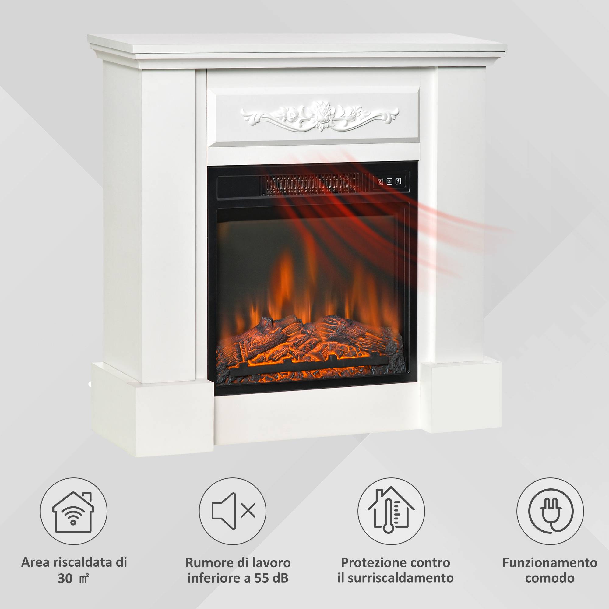 Cheminée électrique sur pied 1800 W avec effet flamme, télécommande, minuterie et température réglable, blanche - Image 8
