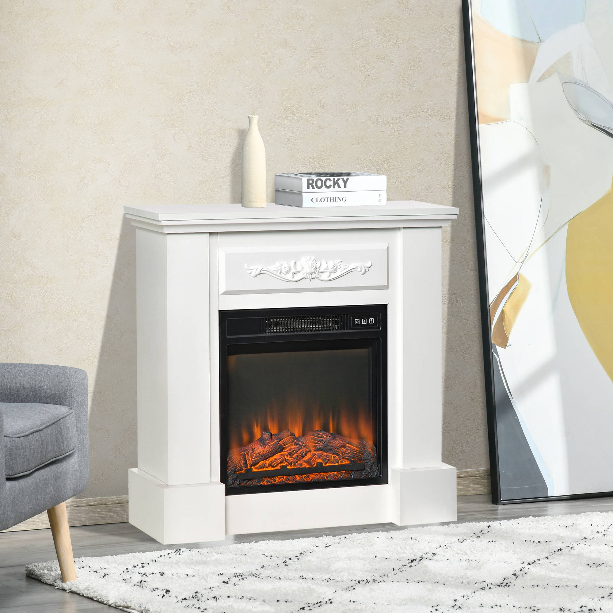 Cheminée électrique sur pied 1800 W avec effet flamme, télécommande, minuterie et température réglable, blanche - Image 4