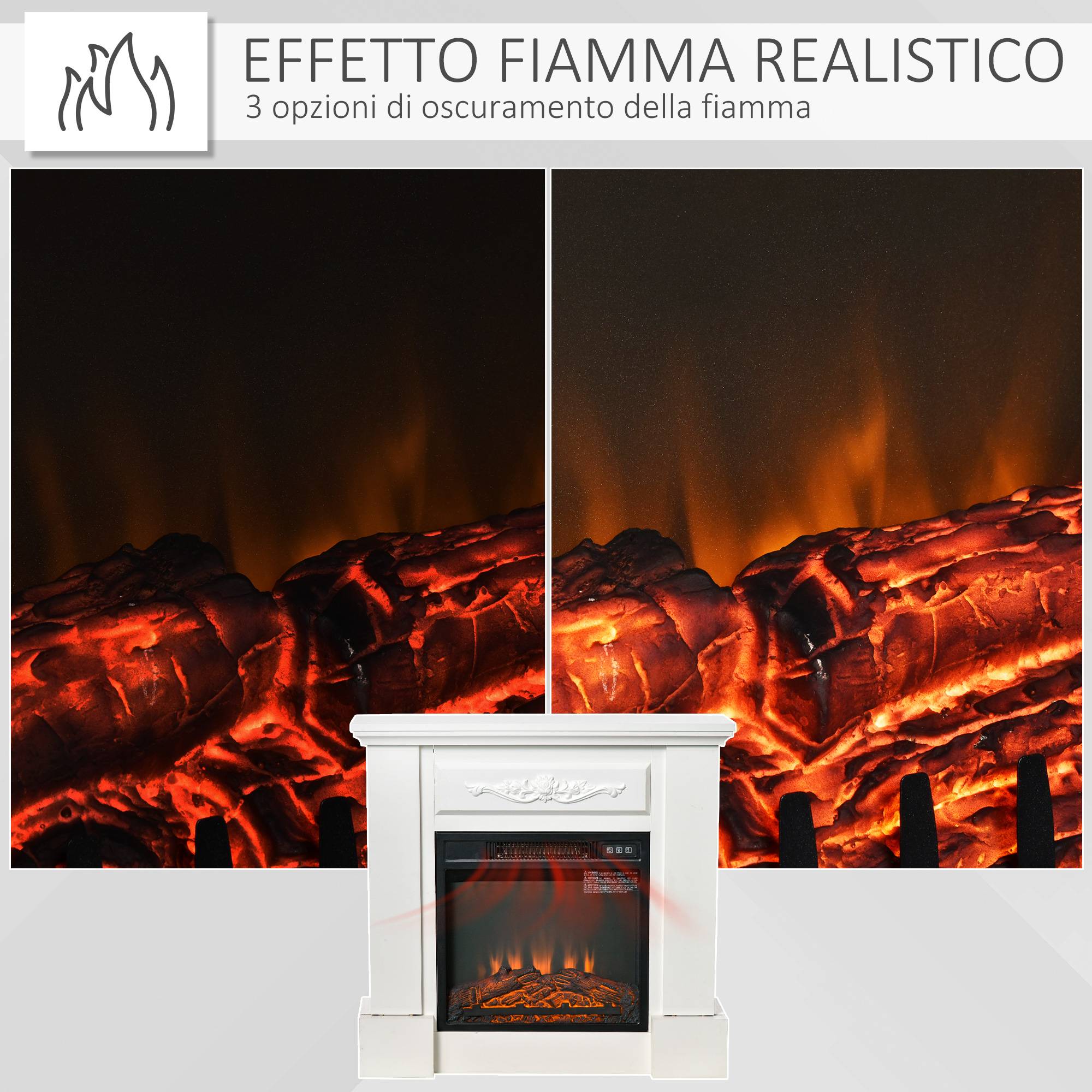 Cheminée électrique sur pied 1800 W avec effet flamme, télécommande, minuterie et température réglable, blanche - Image 6