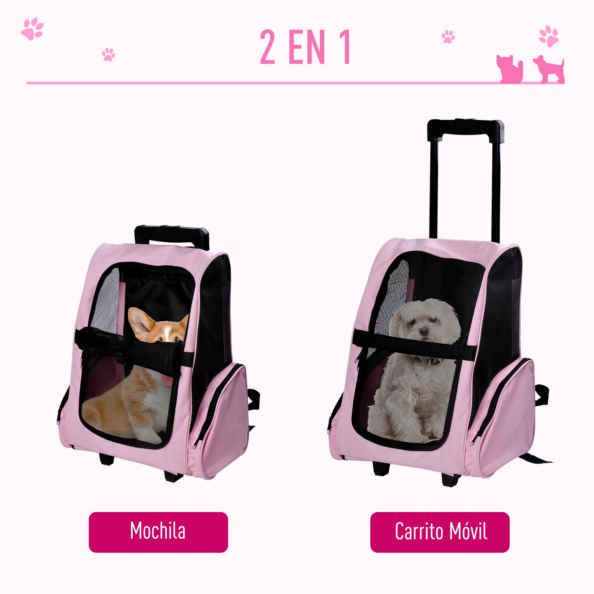 Sac de voyage 2 en 1 pour chien chat en tissu Oxford avec roulettes 42x25x55 cm Rose - ComfortXL Outdoor Living - Image 5