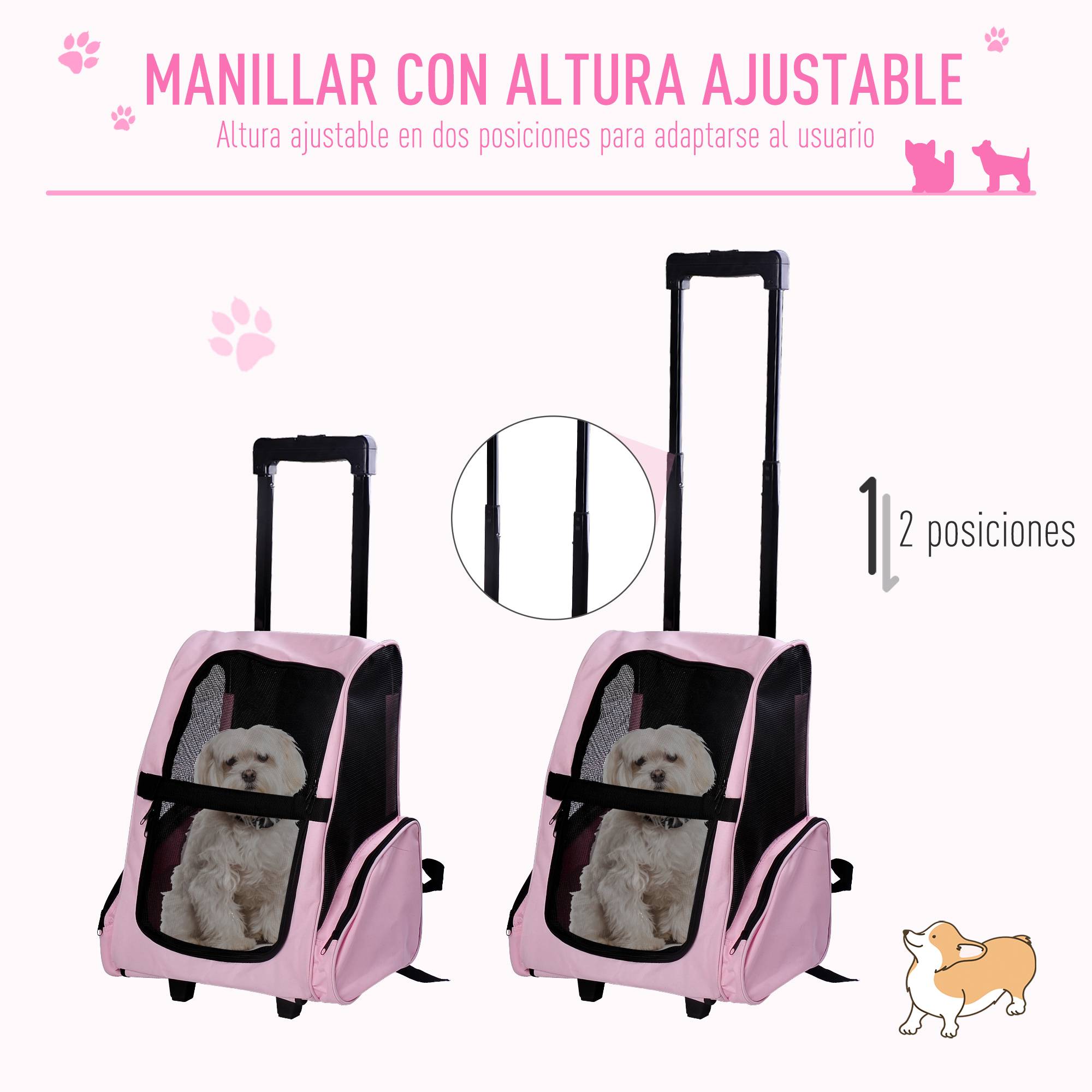 Sac de voyage 2 en 1 pour chien chat en tissu Oxford avec roulettes 42x25x55 cm Rose - ComfortXL Outdoor Living - Image 6