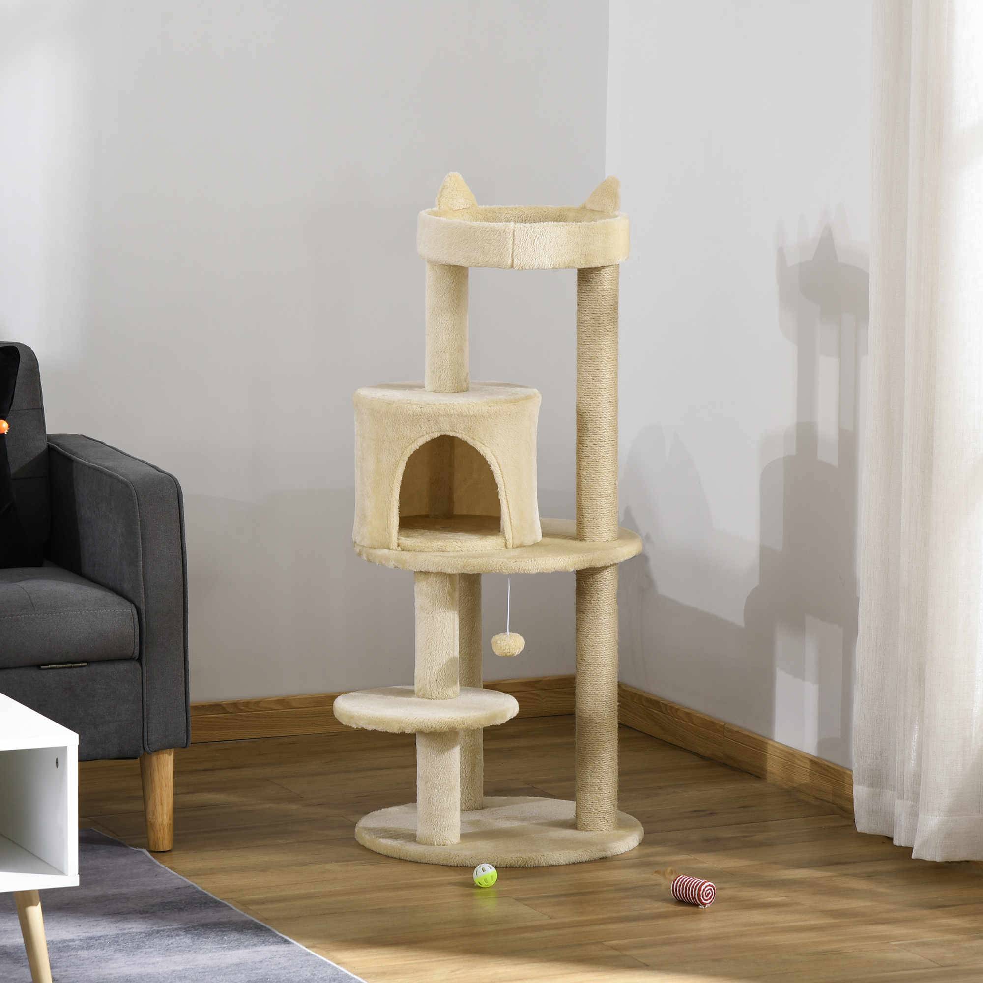 Arbre à Chat Design Oreilles de Chat avec Niche et Griffoirs en Sisal Crème - ComfortXL Outdoor Living - Image 10