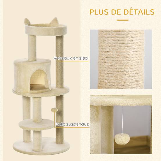Arbre à Chat Design Oreilles de Chat avec Niche et Griffoirs en Sisal Crème - ComfortXL Outdoor Living - Image 7