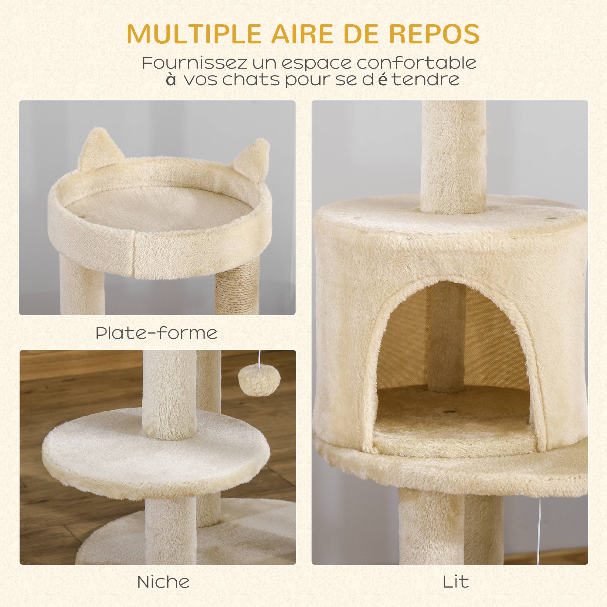 Arbre à Chat Design Oreilles de Chat avec Niche et Griffoirs en Sisal Crème - ComfortXL Outdoor Living - Image 6