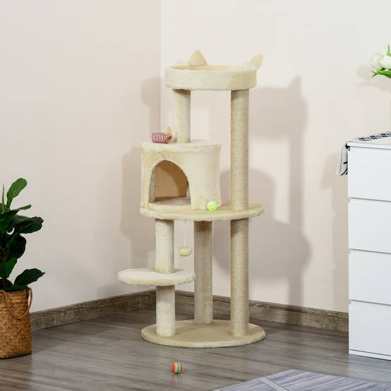 Arbre à Chat Design Oreilles de Chat avec Niche et Griffoirs en Sisal Crème - ComfortXL Outdoor Living - Image 4