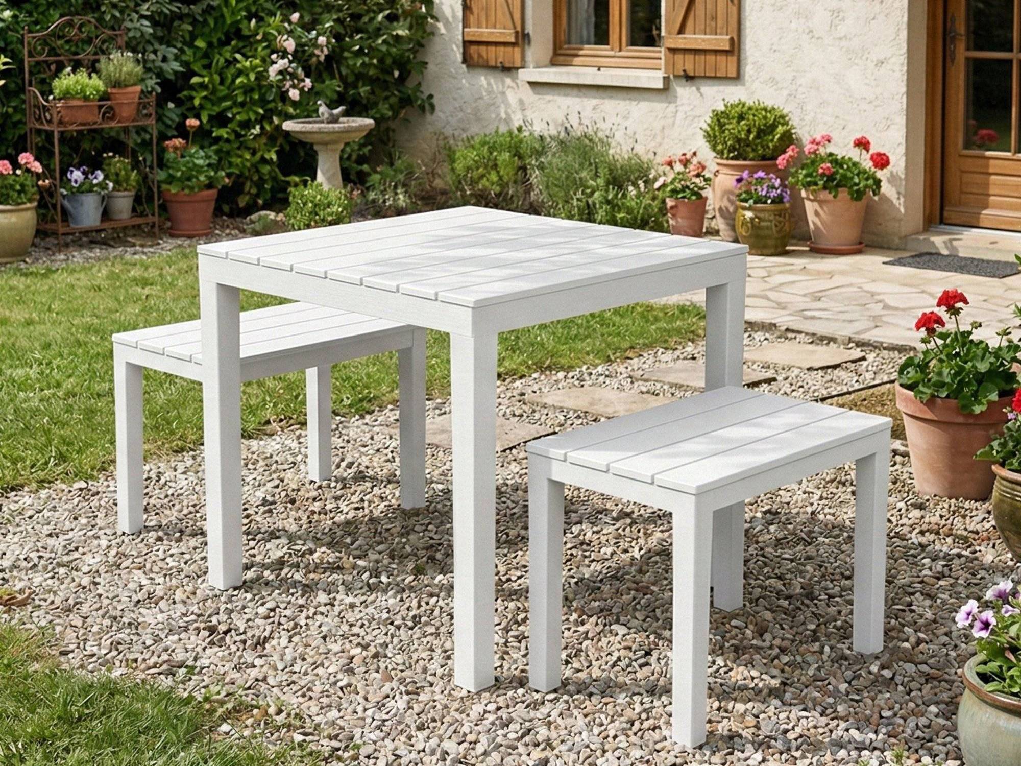 Dmora - Salon d'extérieur Moncalieri, Composition de jardin avec 1 table carrée et 2 bancs, Salon intérieur et extérieur de Pic Nic, Blanc - Dmora - Imagen 4