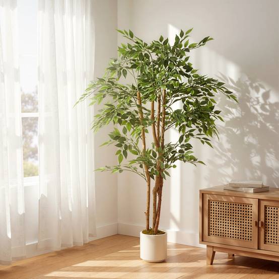 Plante artificielle intérieure 150 cm banian arbre artificiel, pot en plastique et tronc en bois massif - Image 3