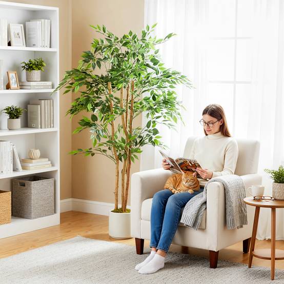 Plante artificielle intérieure 150 cm banian arbre artificiel, pot en plastique et tronc en bois massif - Image 4