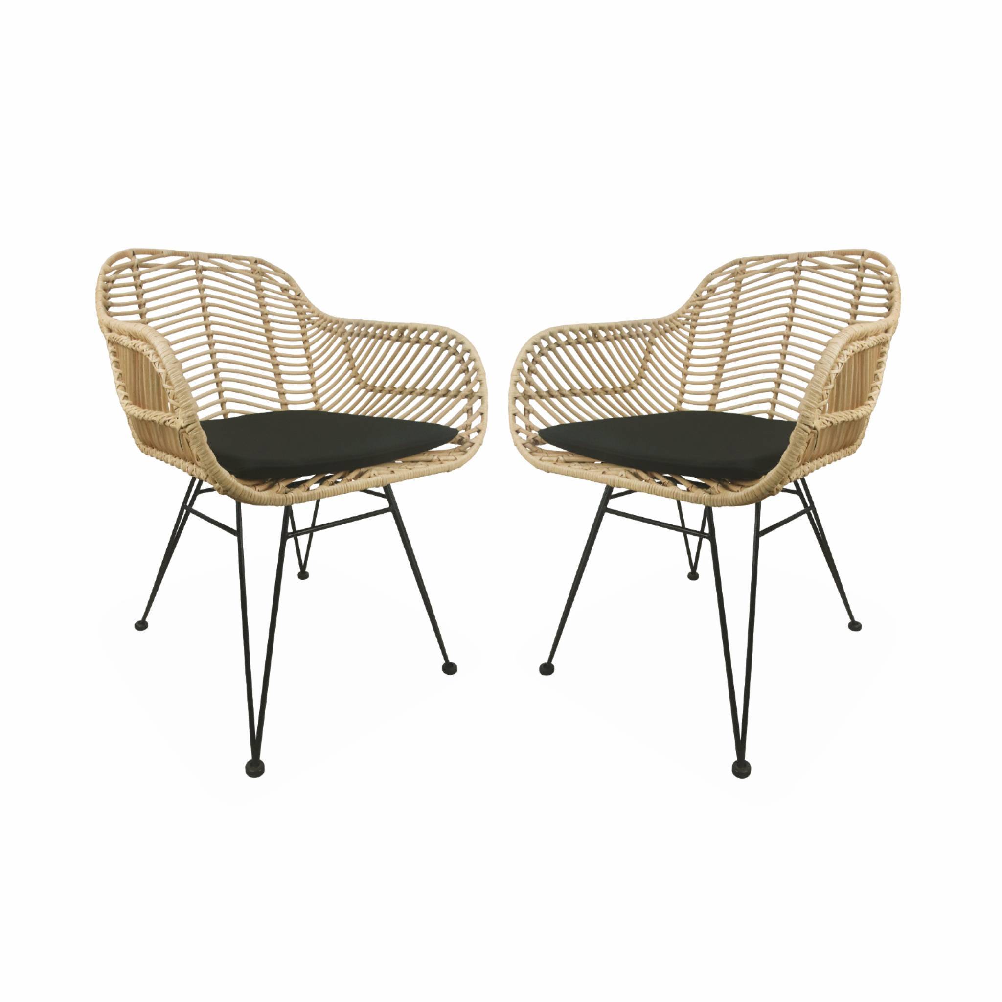 Lot de 2 fauteuils en rotin naturel et métal. coussin noir - Cahya - Imagen 1