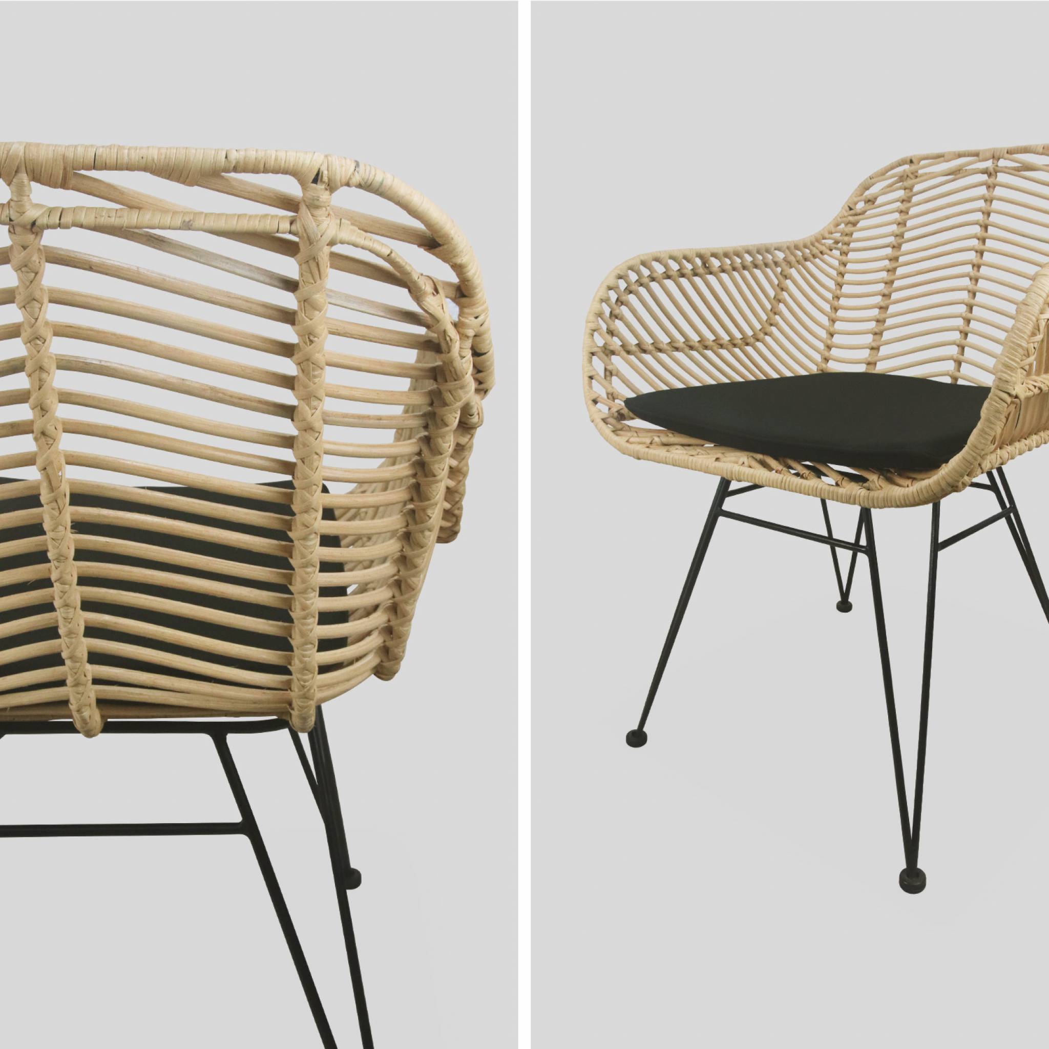 Lot de 2 fauteuils en rotin naturel et métal. coussin noir - Cahya - Imagen 7