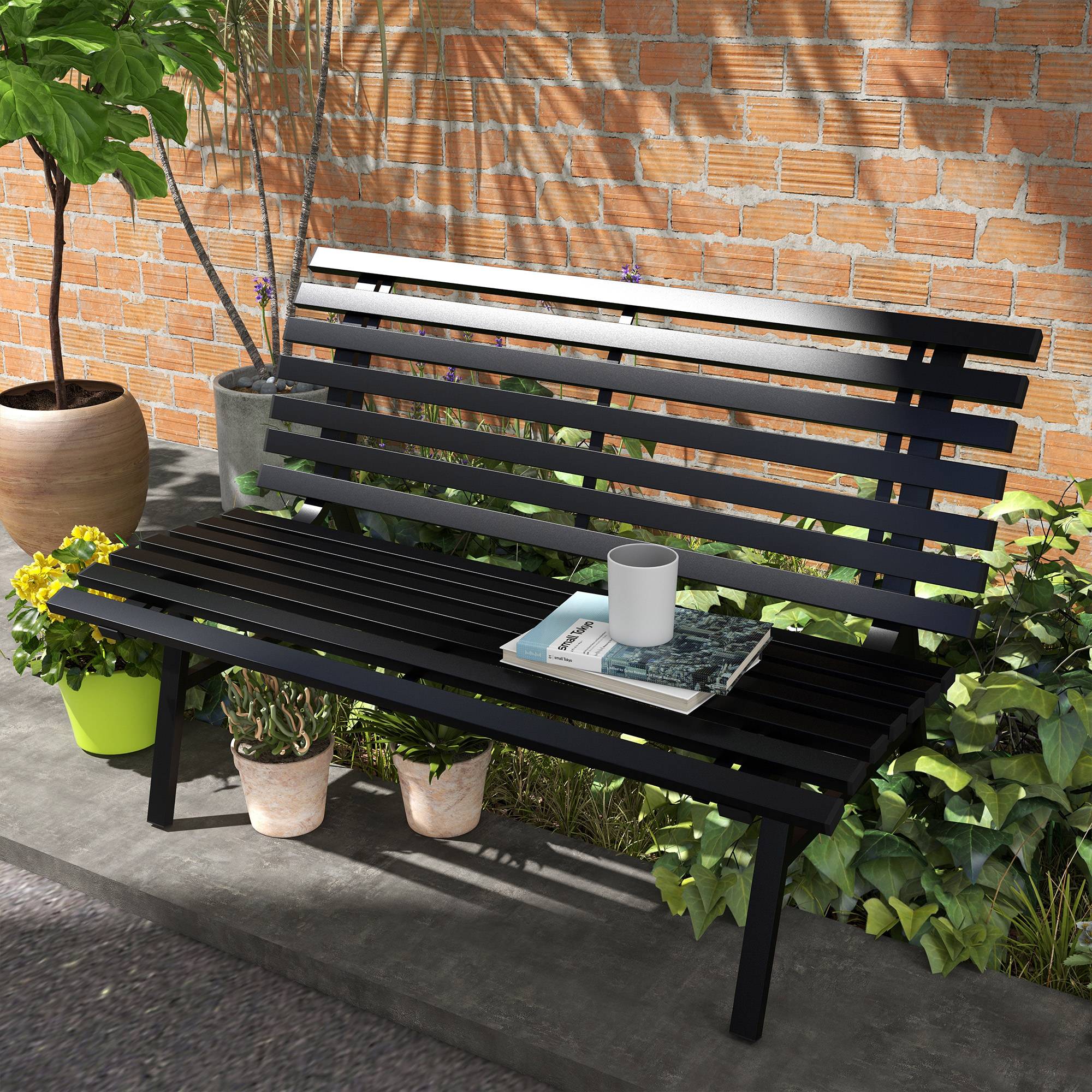 Outsunny - Banc de jardin 2 places assise dossier à lattes alu noir - Outsunny - Imagen 2