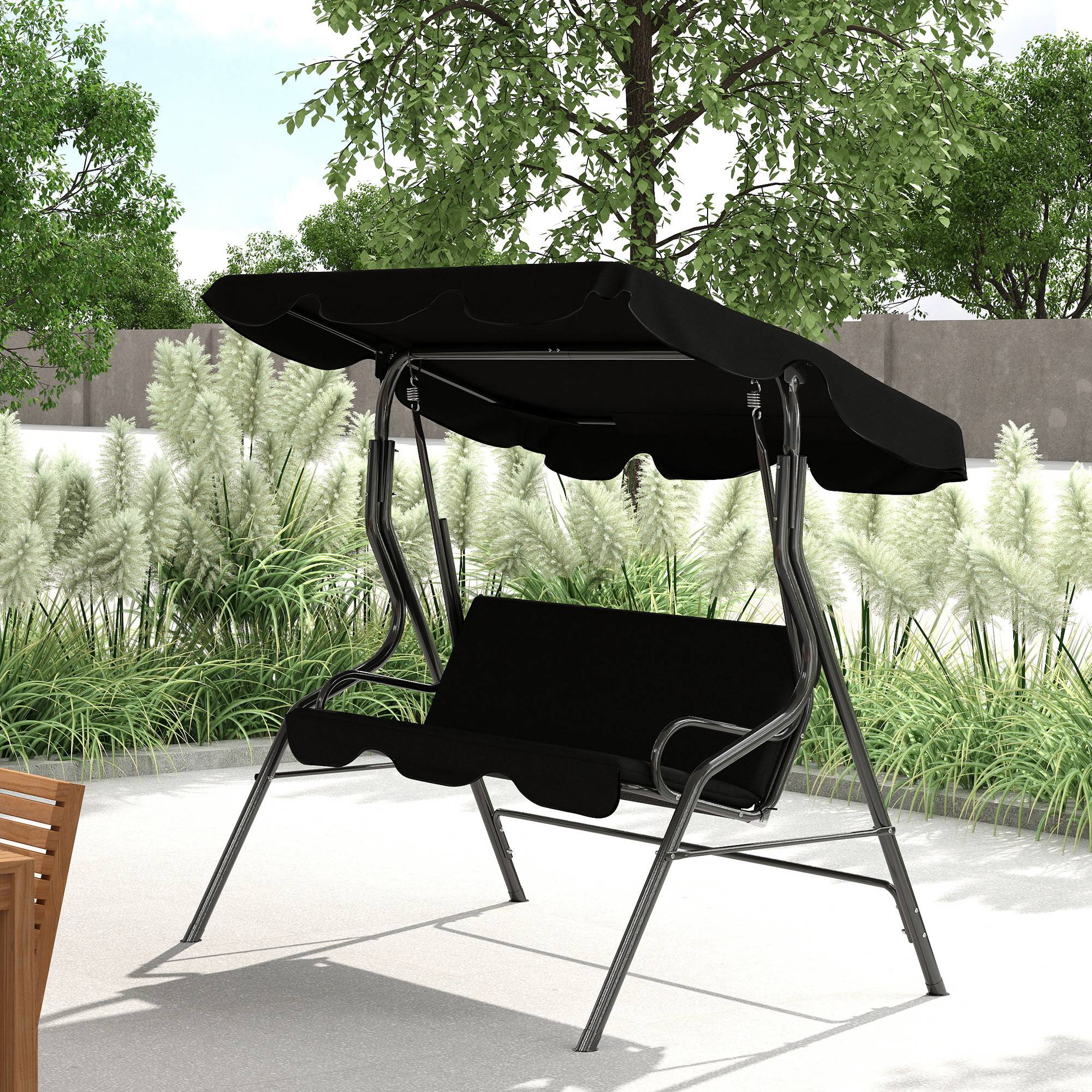 Balancelle jardin 3 places avec auvent réglable coussins acier polyester noire 170x110x153 cm - Image 3