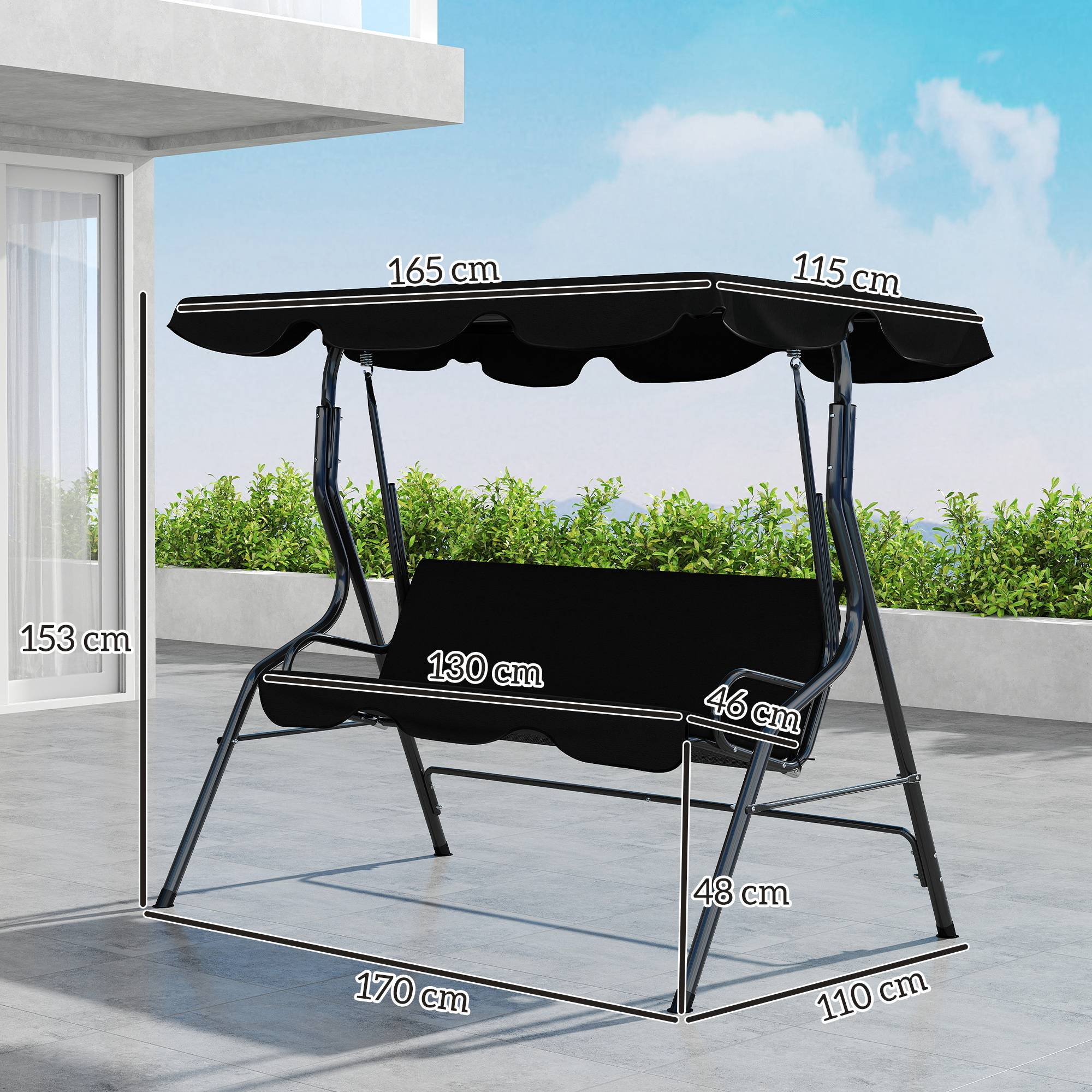 Balancelle jardin 3 places avec auvent réglable coussins acier polyester noire 170x110x153 cm - Image 5