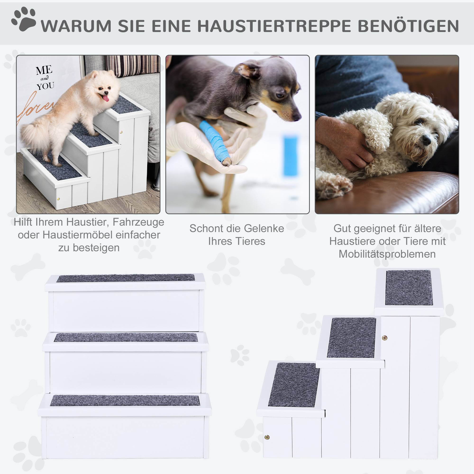 ComfortXL - Escalier pour chien en sapin blanc 40,5 x 44,5 x 38 cm 3 marches avec rangement accès canapé voiture antidérapant - Image 4