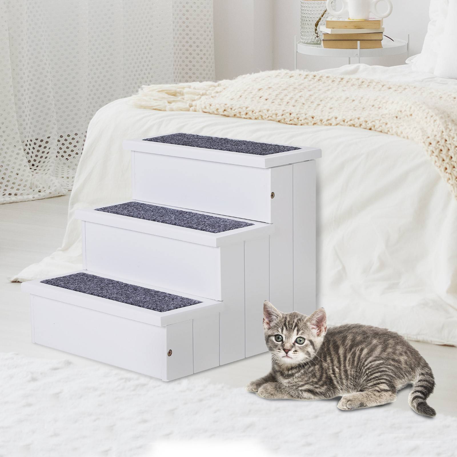 ComfortXL - Escalier pour chien en sapin blanc 40,5 x 44,5 x 38 cm 3 marches avec rangement accès canapé voiture antidérapant - Image 1
