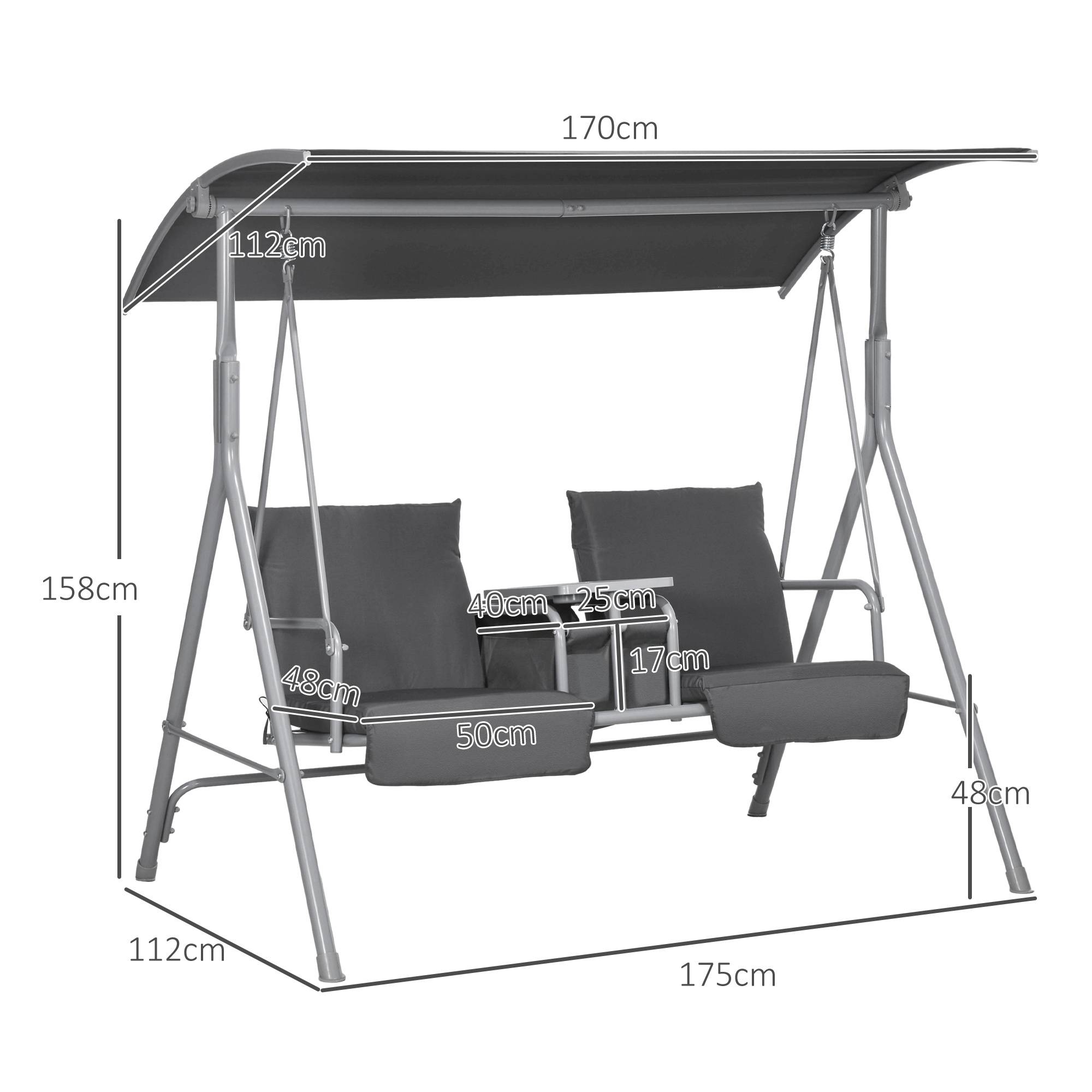 Balancelle de jardin 2 places métal avec table centrale toit pare-soleil 175x112x158cm gris - ComfortXL Outdoor Living - Image 5