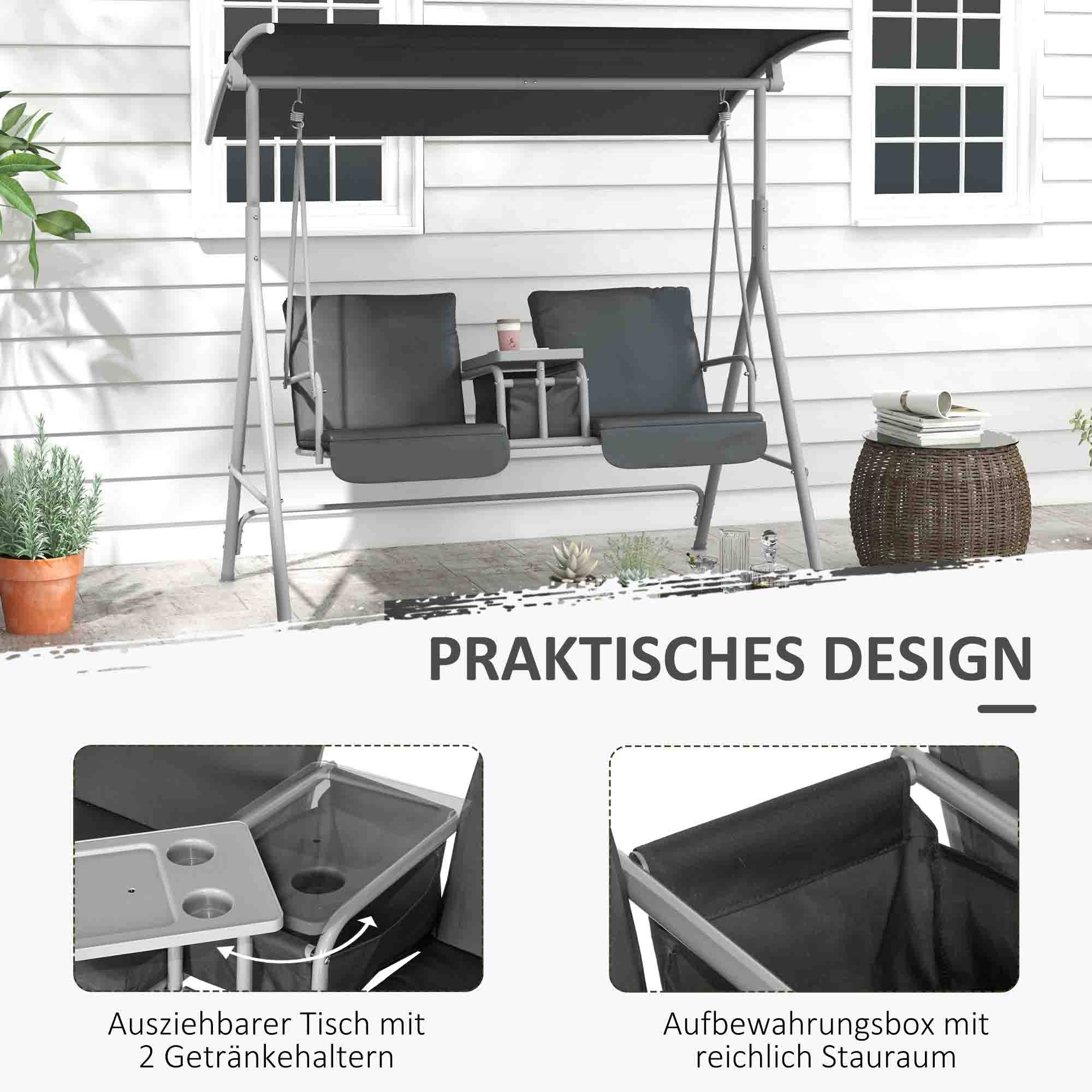 Balancelle de jardin 2 places métal avec table centrale toit pare-soleil 175x112x158cm gris - ComfortXL Outdoor Living - Image 7