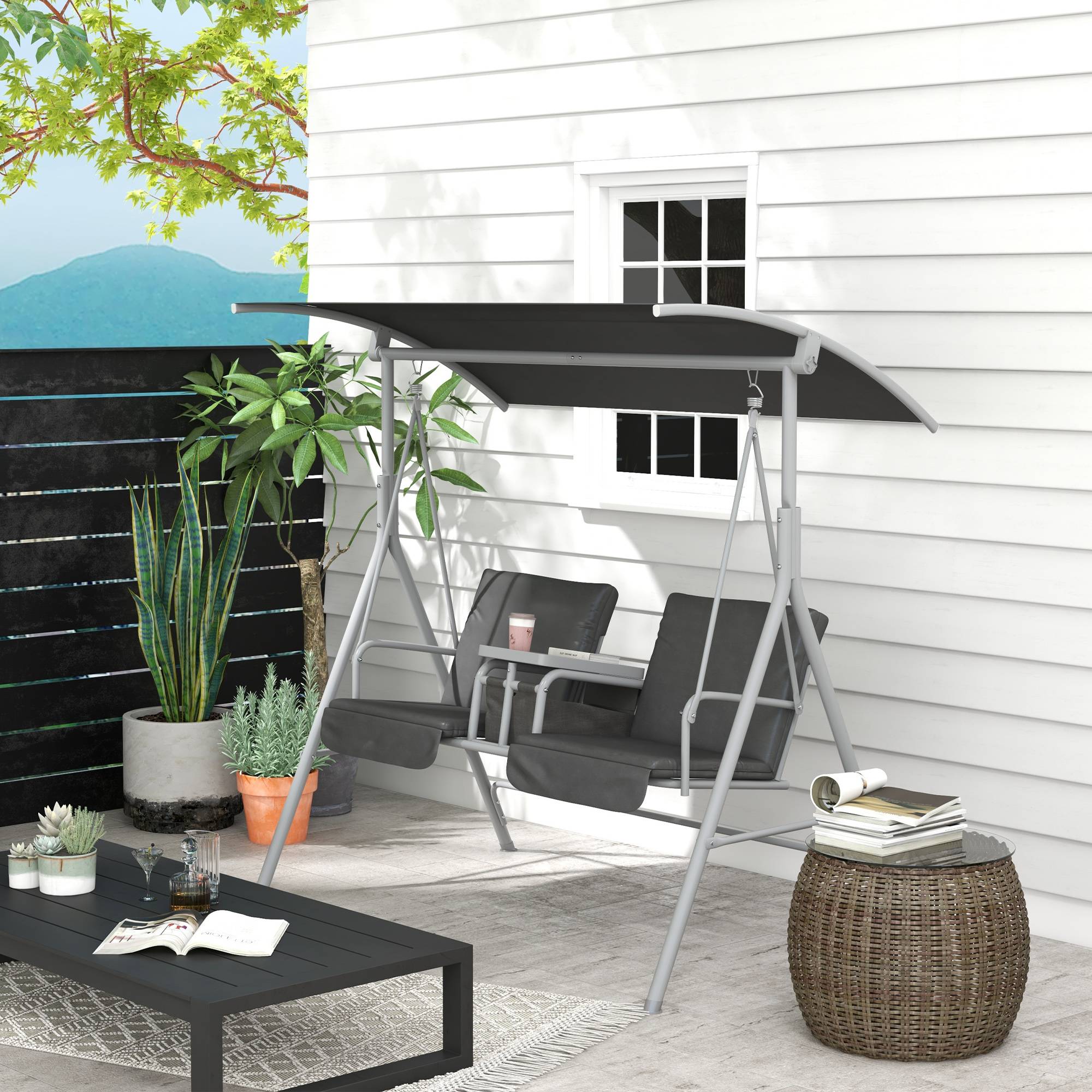 Balancelle de jardin 2 places métal avec table centrale toit pare-soleil 175x112x158cm gris - ComfortXL Outdoor Living - Image 4