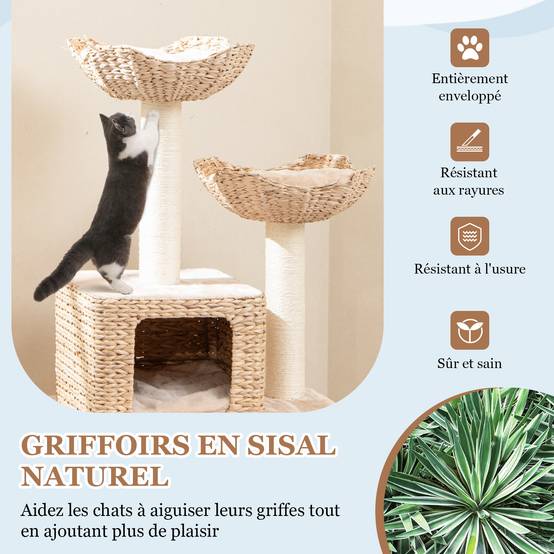COSTWAY Arbre a Chat Bois 122 cm, Tour pour Chat 4 Griffoirs Chat en Sisal, 4 Plateformes, Condo en Quenouille Tressée, Échelle, Coussins Amovible - Image 4