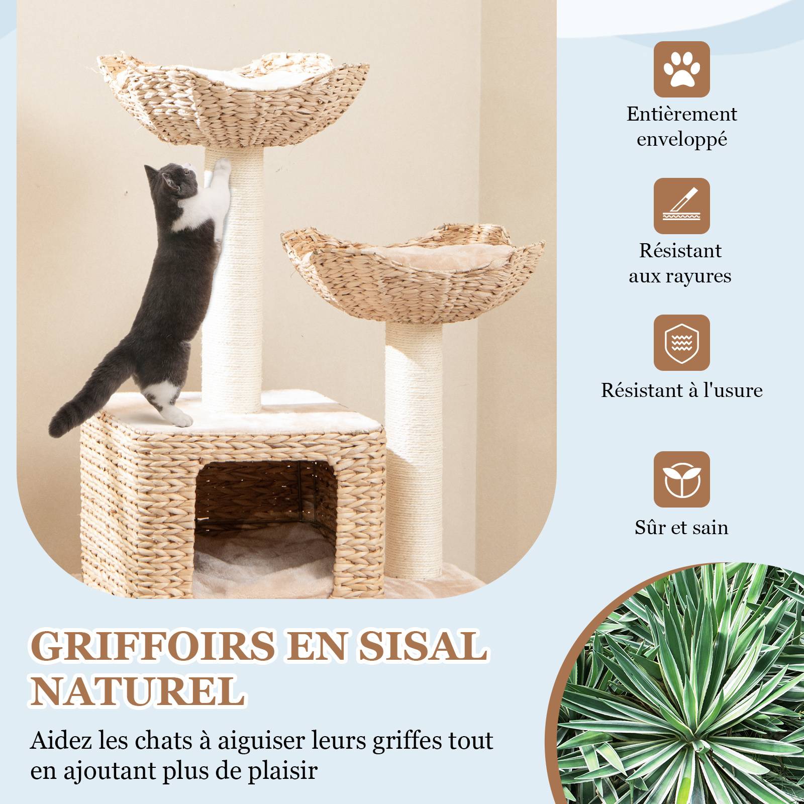 COSTWAY Arbre a Chat Bois 122 cm, Tour pour Chat 4 Griffoirs Chat en Sisal, 4 Plateformes, Condo en Quenouille Tressée, Échelle, Coussins Amovible - Image 4