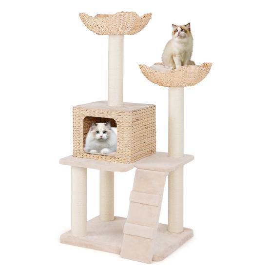COSTWAY Arbre a Chat Bois 122 cm, Tour pour Chat 4 Griffoirs Chat en Sisal, 4 Plateformes, Condo en Quenouille Tressée, Échelle, Coussins Amovible - Image 1