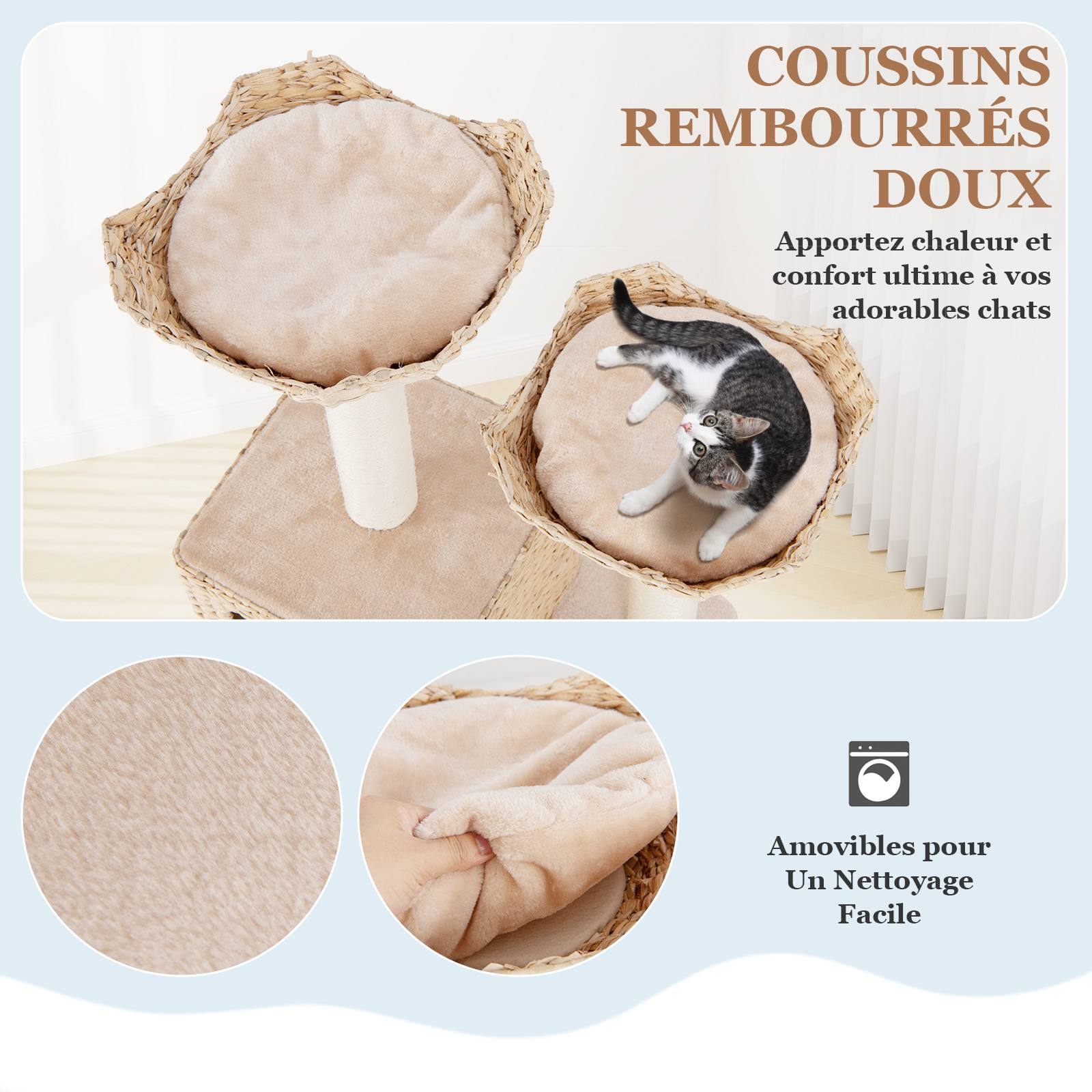COSTWAY Arbre a Chat Bois 122 cm, Tour pour Chat 4 Griffoirs Chat en Sisal, 4 Plateformes, Condo en Quenouille Tressée, Échelle, Coussins Amovible - Image 6