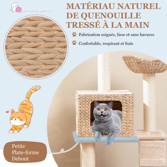 COSTWAY Arbre a Chat Bois 122 cm, Tour pour Chat 4 Griffoirs Chat en Sisal, 4 Plateformes, Condo en Quenouille Tressée, Échelle, Coussins Amovible - Image 5