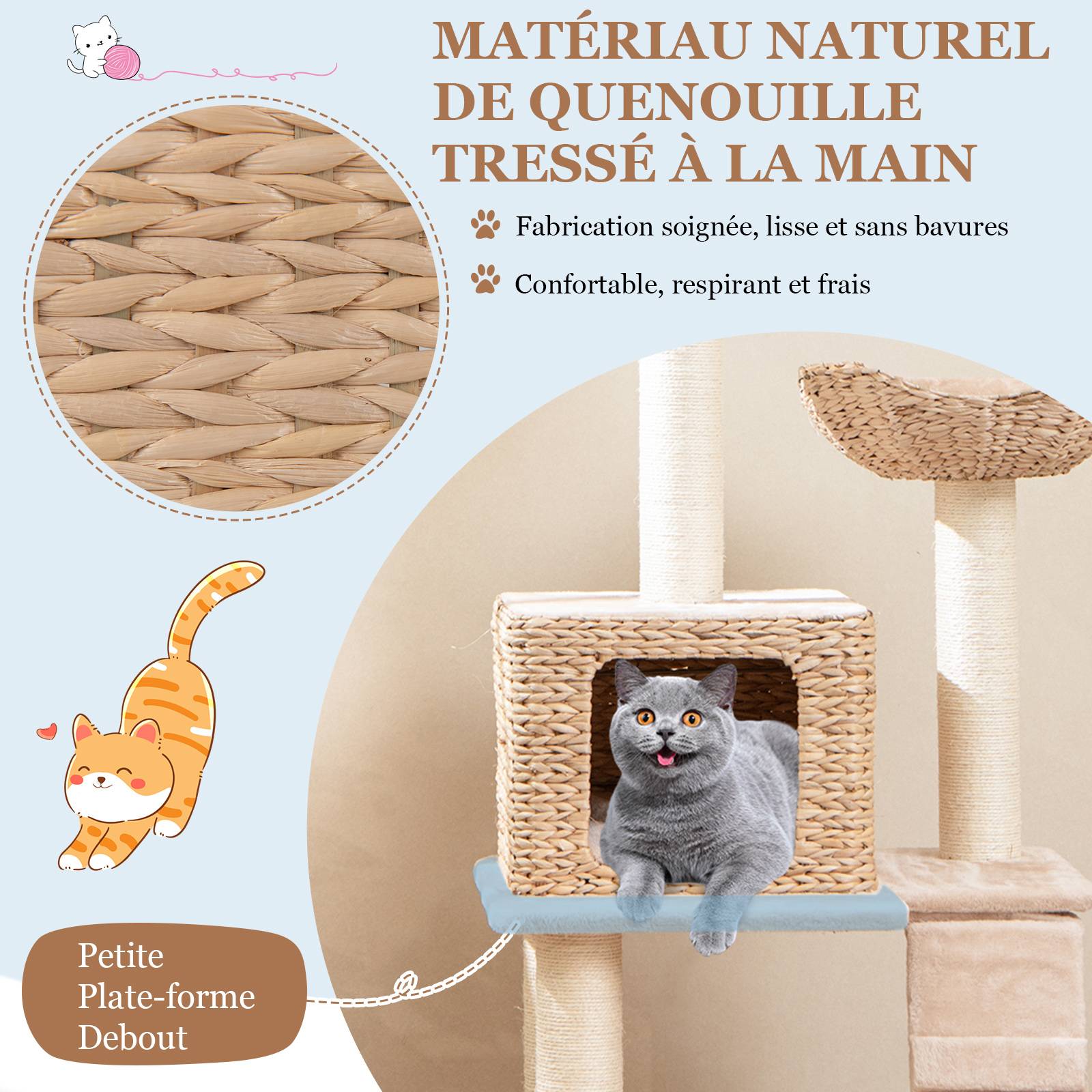 COSTWAY Arbre a Chat Bois 122 cm, Tour pour Chat 4 Griffoirs Chat en Sisal, 4 Plateformes, Condo en Quenouille Tressée, Échelle, Coussins Amovible - Image 5