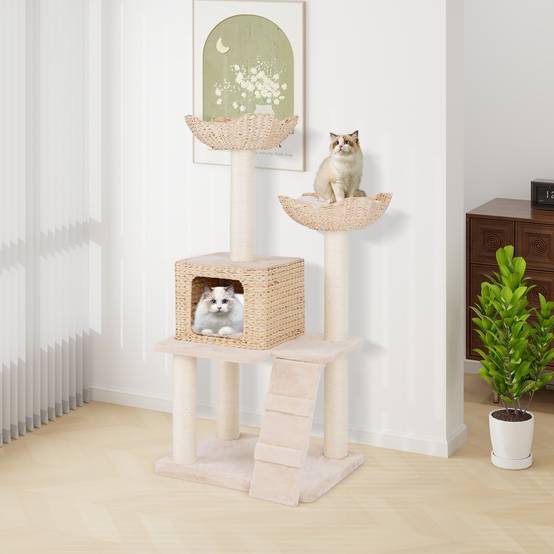COSTWAY Arbre a Chat Bois 122 cm, Tour pour Chat 4 Griffoirs Chat en Sisal, 4 Plateformes, Condo en Quenouille Tressée, Échelle, Coussins Amovible - Image 9