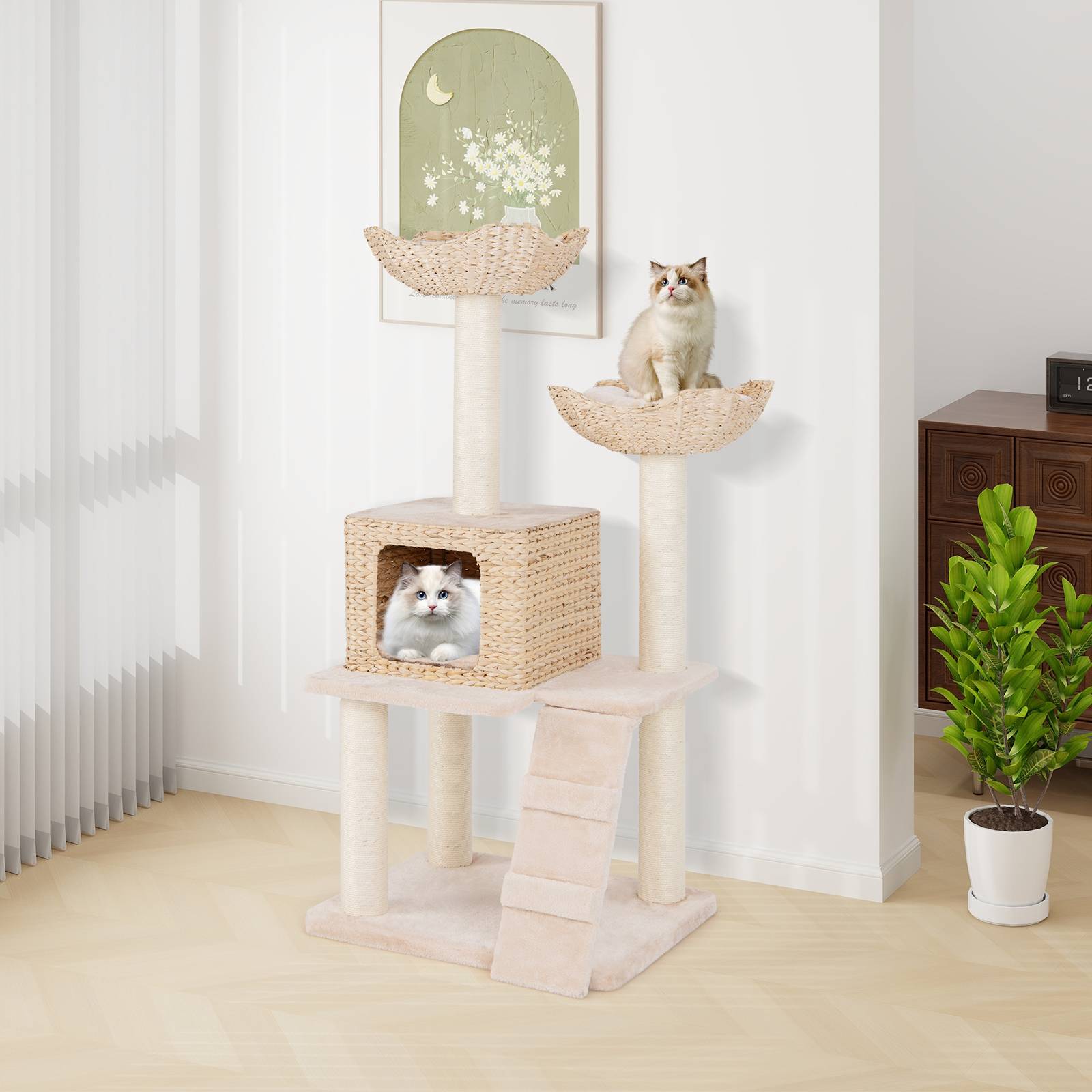 COSTWAY Arbre a Chat Bois 122 cm, Tour pour Chat 4 Griffoirs Chat en Sisal, 4 Plateformes, Condo en Quenouille Tressée, Échelle, Coussins Amovible - Image 9
