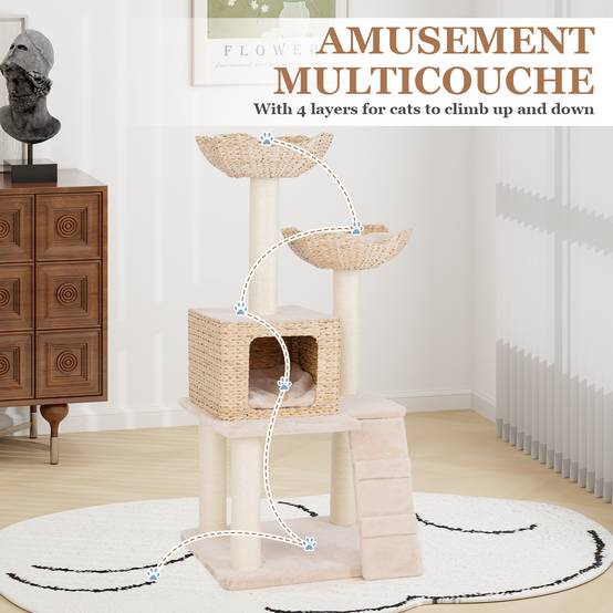 COSTWAY Arbre a Chat Bois 122 cm, Tour pour Chat 4 Griffoirs Chat en Sisal, 4 Plateformes, Condo en Quenouille Tressée, Échelle, Coussins Amovible - Image 7