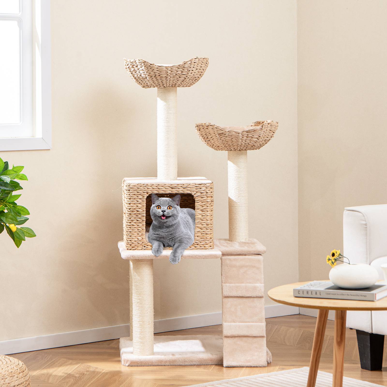 COSTWAY Arbre a Chat Bois 122 cm, Tour pour Chat 4 Griffoirs Chat en Sisal, 4 Plateformes, Condo en Quenouille Tressée, Échelle, Coussins Amovible - Image 8