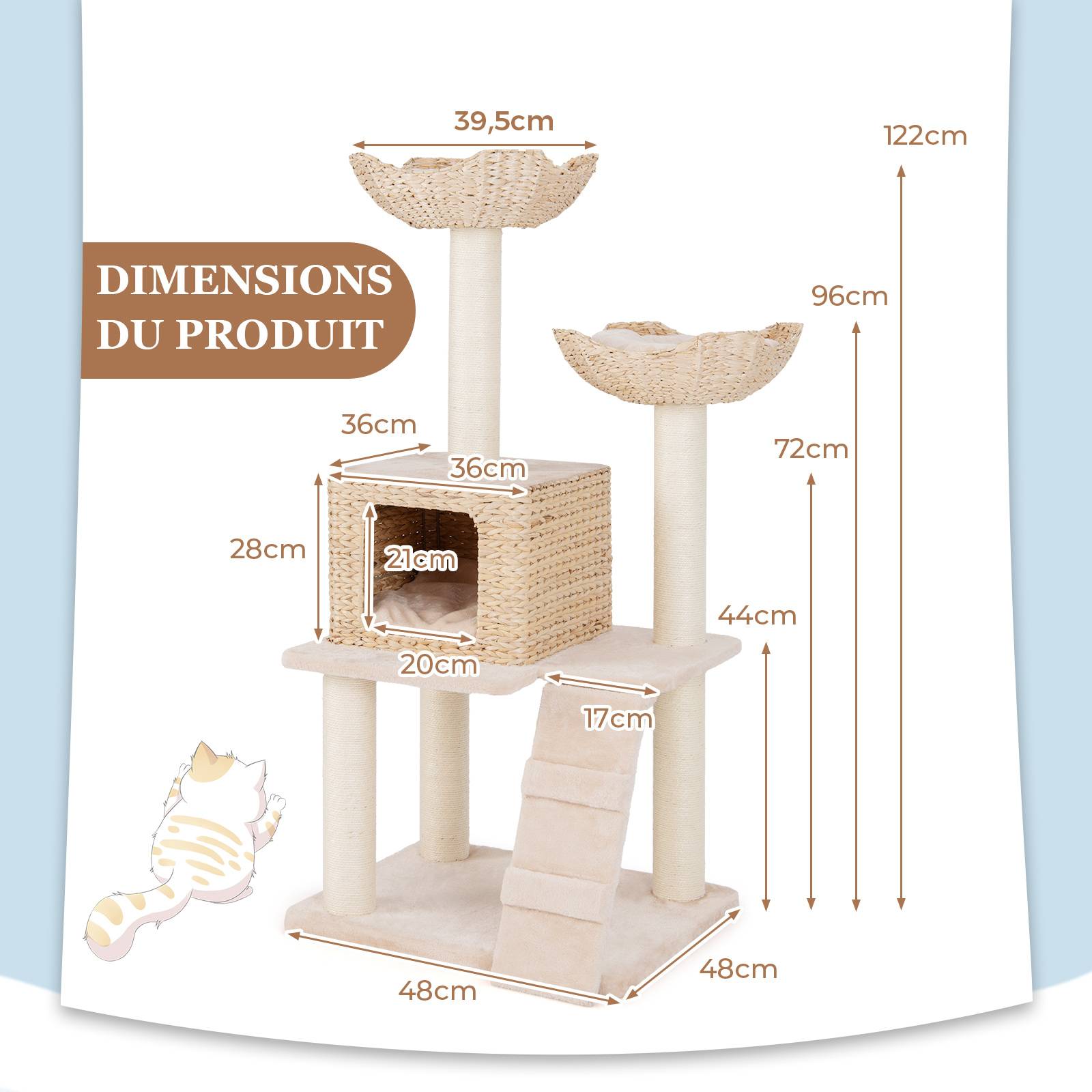 COSTWAY Arbre a Chat Bois 122 cm, Tour pour Chat 4 Griffoirs Chat en Sisal, 4 Plateformes, Condo en Quenouille Tressée, Échelle, Coussins Amovible - Image 2