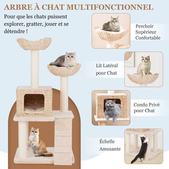 COSTWAY Arbre a Chat Bois 122 cm, Tour pour Chat 4 Griffoirs Chat en Sisal, 4 Plateformes, Condo en Quenouille Tressée, Échelle, Coussins Amovible - Image 3