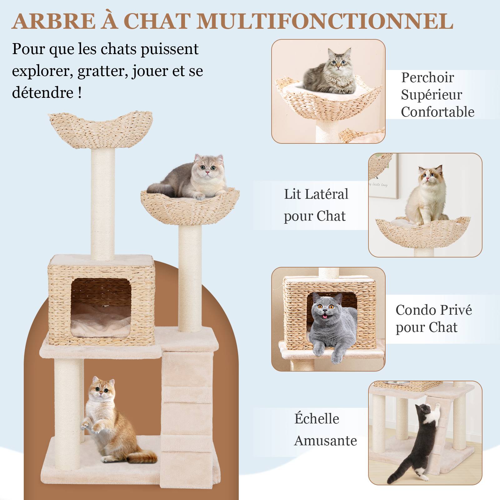 COSTWAY Arbre a Chat Bois 122 cm, Tour pour Chat 4 Griffoirs Chat en Sisal, 4 Plateformes, Condo en Quenouille Tressée, Échelle, Coussins Amovible - Image 3
