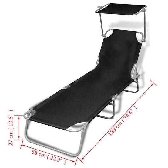 Chaise longue | Transat | Bain de soleil pliable avec auvent acier et tissu noir - Image 7