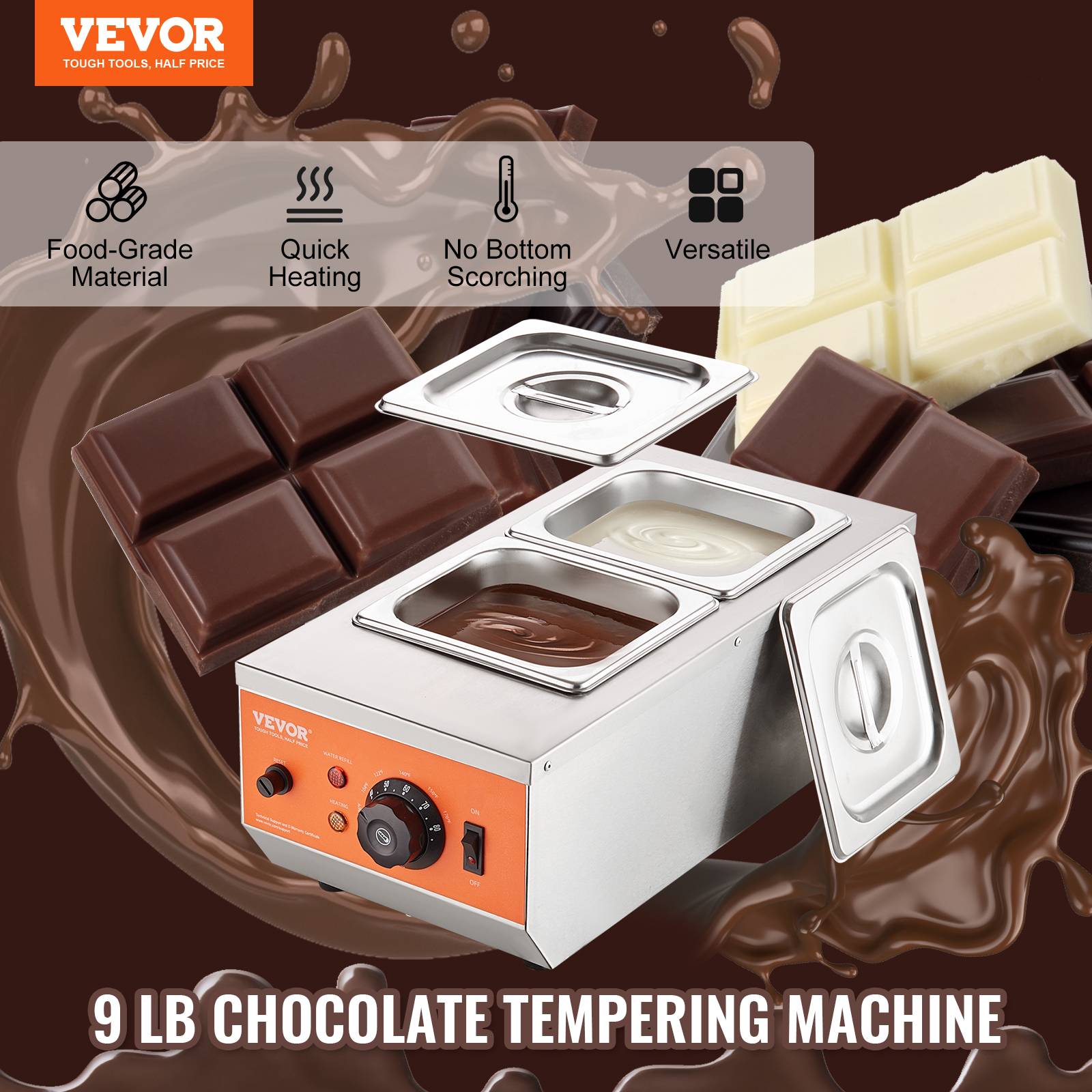 VEVOR Tempereuse chocolat commerciale, 800 W, 2 cuves 1,5 L. Bain-marie, inox, 30-85 °C. - Image 2