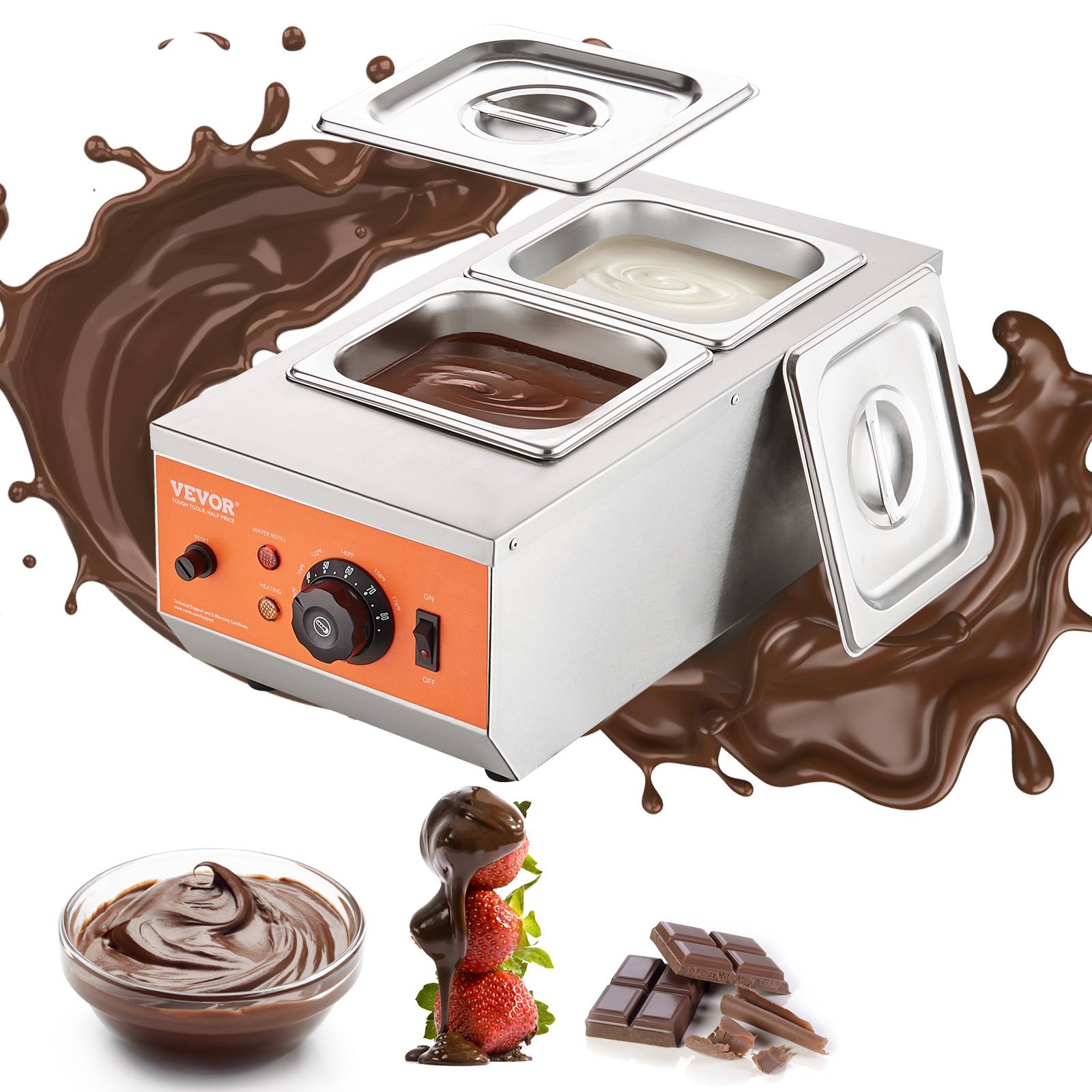 VEVOR Tempereuse chocolat commerciale, 800 W, 2 cuves 1,5 L. Bain-marie, inox, 30-85 °C. - Image 1