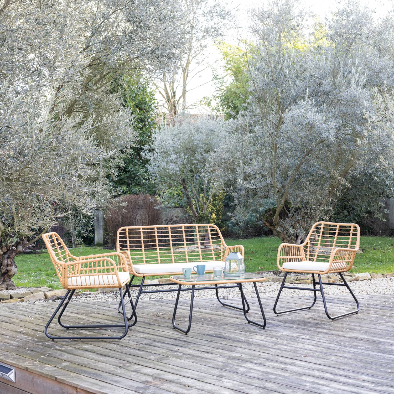Happy Garden - Salon de jardin TIGA en résine tressée 4 places - coussins crème - HAPPY GARDEN - Imagen 10