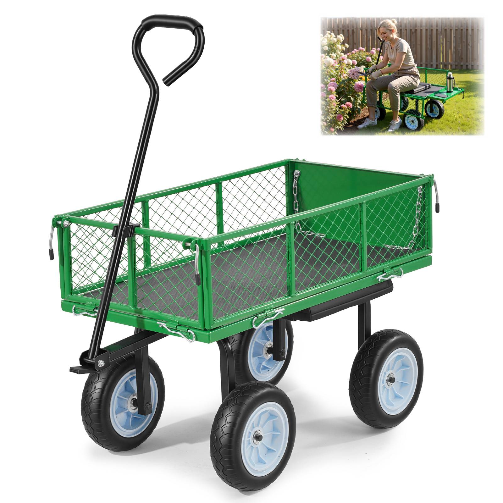 Vevor - VEVOR Chariot de jardin acier 2 en 1, siège intégré, capacité 226,8 kg, panneaux amovibles, pneus PU 25,4 cm increvables, tablette latérale, vert.