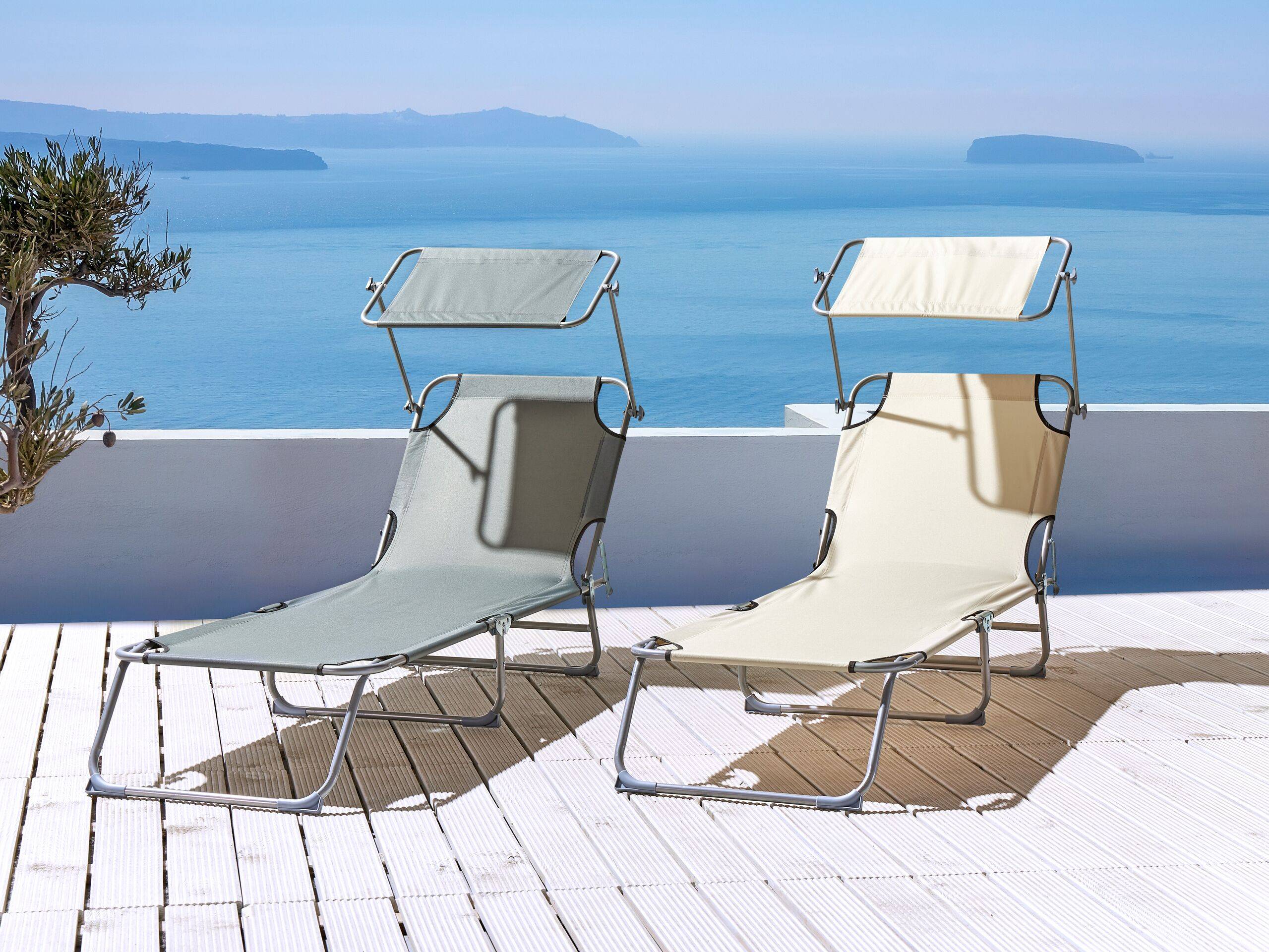 Beliani - Transat de Jardin Bain de Soleil Pliant en Tissu Polyester Crème et Acier avec Pare Soleil Pratique Idéal pour Terrasse ou Balcon - Imagen 2