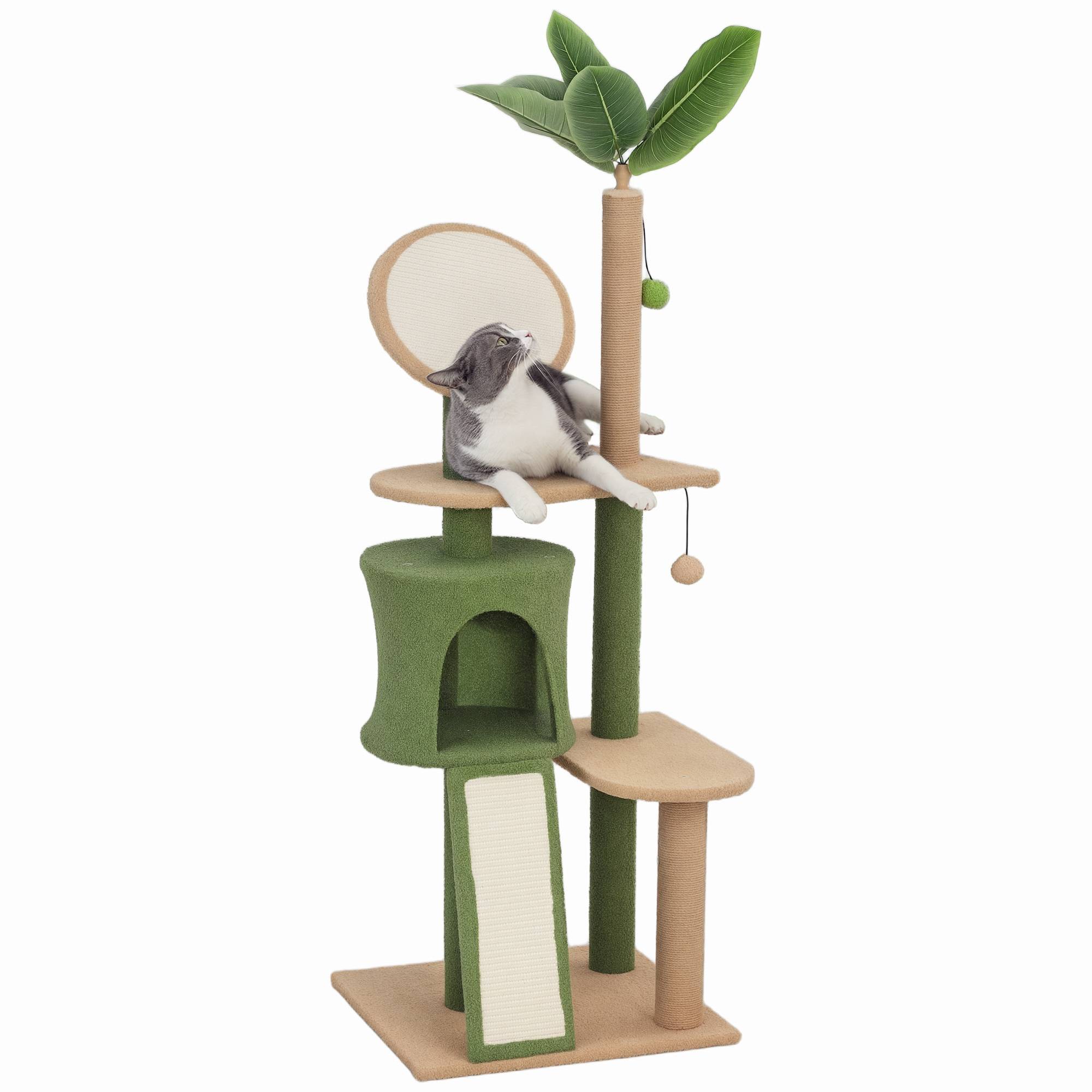 Arbre à chat bois peluche pour intérieur centre de jeu complet 139cm vert - ComfortXL Outdoor Living - Image 1