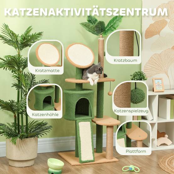 Arbre à chat bois peluche pour intérieur centre de jeu complet 139cm vert - ComfortXL Outdoor Living - Image 7