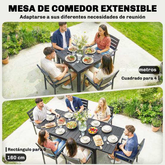 Table de jardin extensible d'extérieur 80/160 cm pour 4 à 6 personnes, rectangulaire, noire, idéale pour terrasse. - Image 6