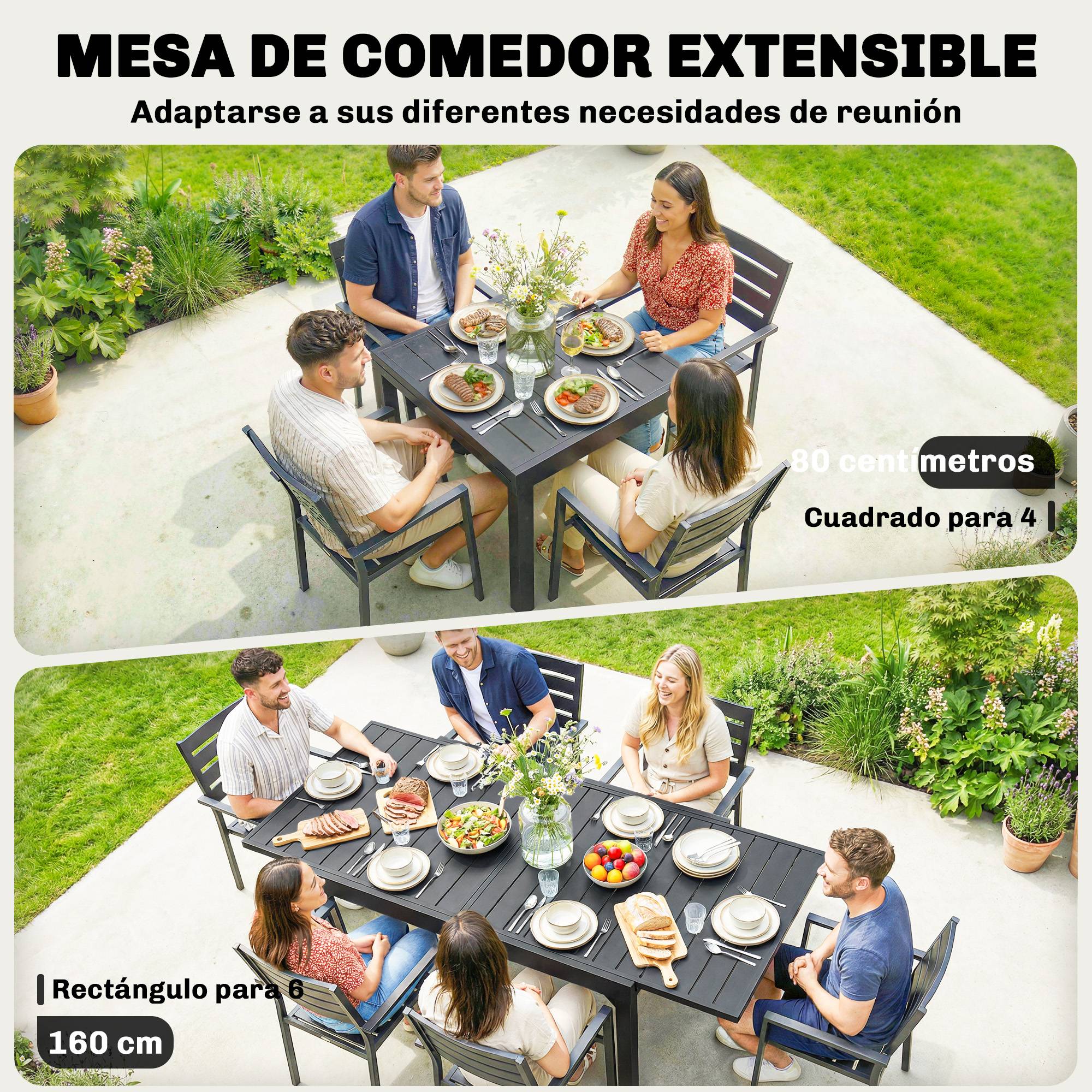 Table de jardin extensible d'extérieur 80/160 cm pour 4 à 6 personnes, rectangulaire, noire, idéale pour terrasse. - Image 6