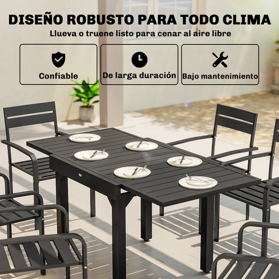 Table de jardin extensible d'extérieur 80/160 cm pour 4 à 6 personnes, rectangulaire, noire, idéale pour terrasse. - Image 8
