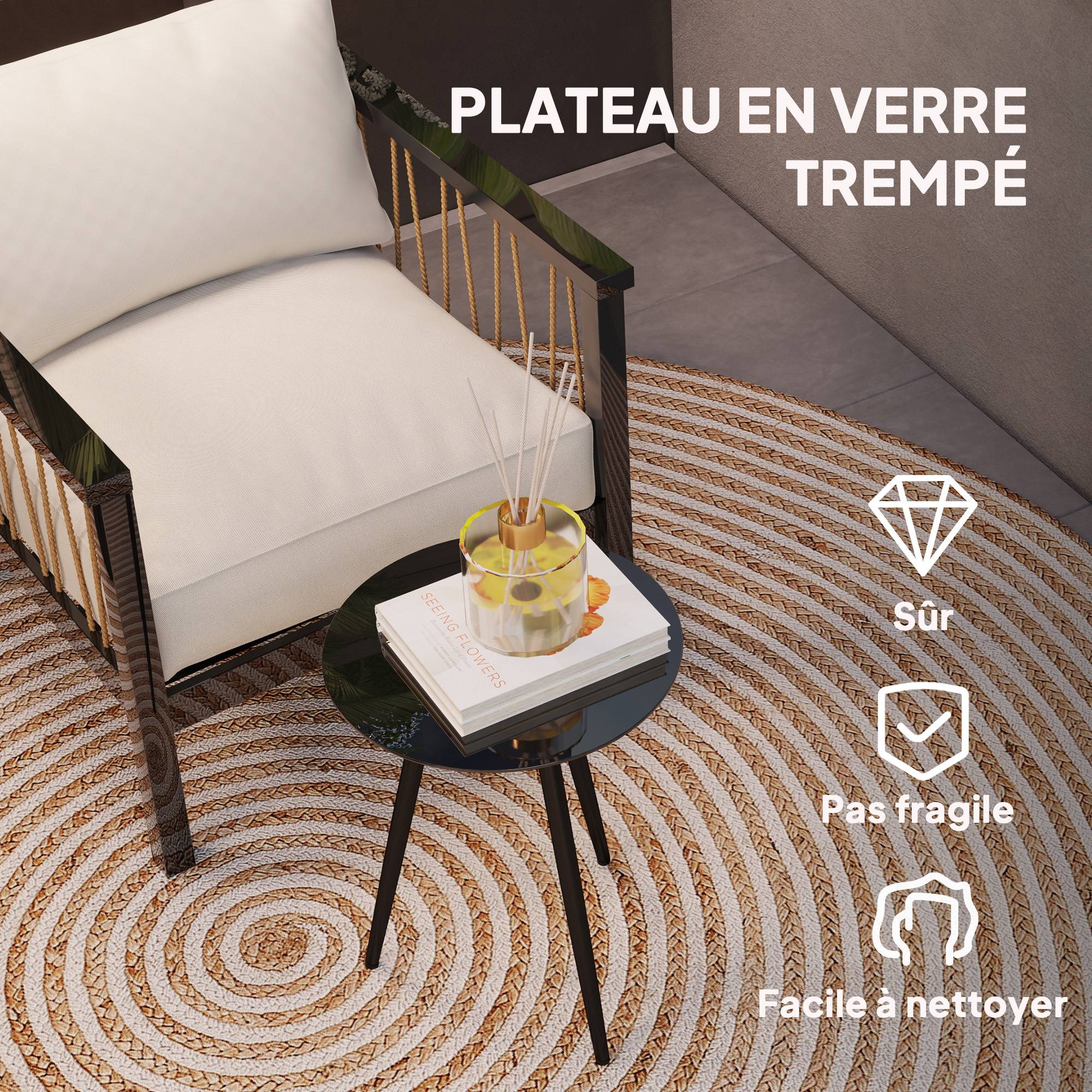 Table basse de jardin acier et verre trempé noir 40 x 40 x 50 cm - PANGIVO - Image 7