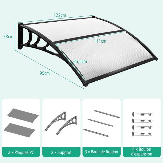 Helloshop26 - Auvent porte d'entree marquise de porte et fenêtre extérieur plaque en polycarbonate 122 cm gris transparent - Imagen 3
